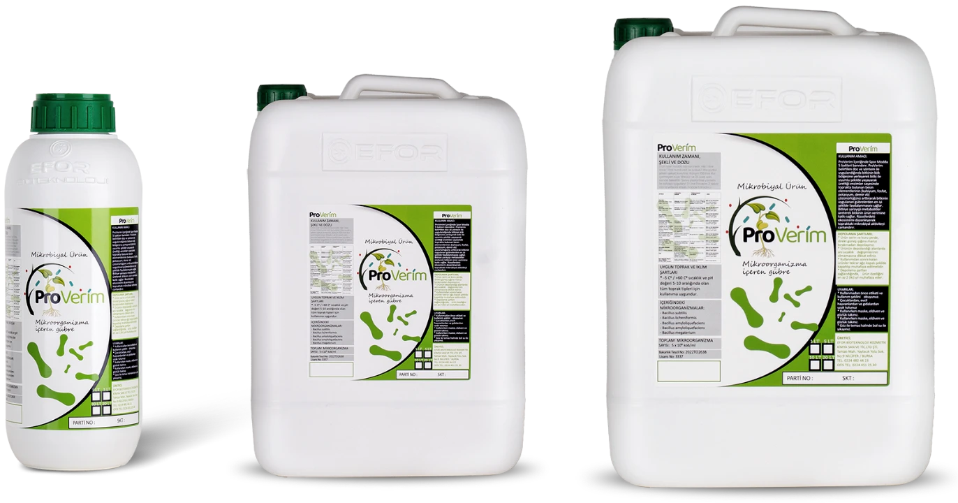 Proverim mikrobiyal gübre 1, 5, 10 ve 20 litre ambalajları